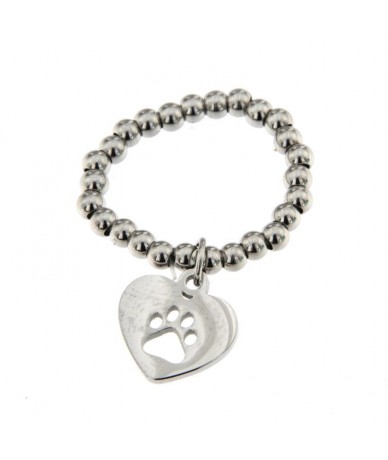 anello elastico con sfere in acciaio inox e pendente cuore con orma zampa traforata e strass cristal